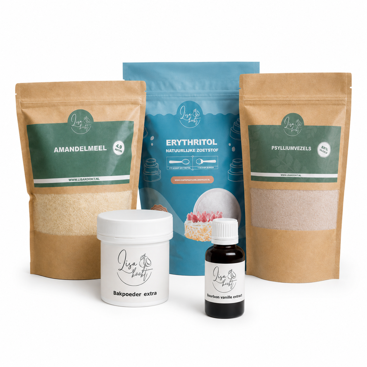 Bakpakket met amandelmeel, erythritol, psylliumvezels, bakpoeder extra en bourbon vanille extract